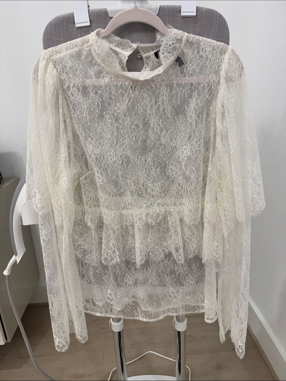BCBGMaxAzria Sheer Ivory Lace Blouse with Peplum